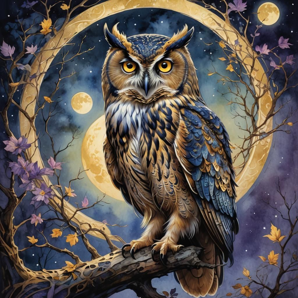 Majestic Moon Owl in Watercolor Fantasy Art
