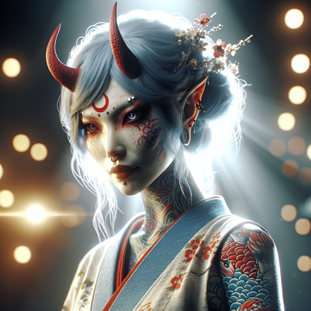 Japanese Oni Lady Portrait with Red Horns in 8K