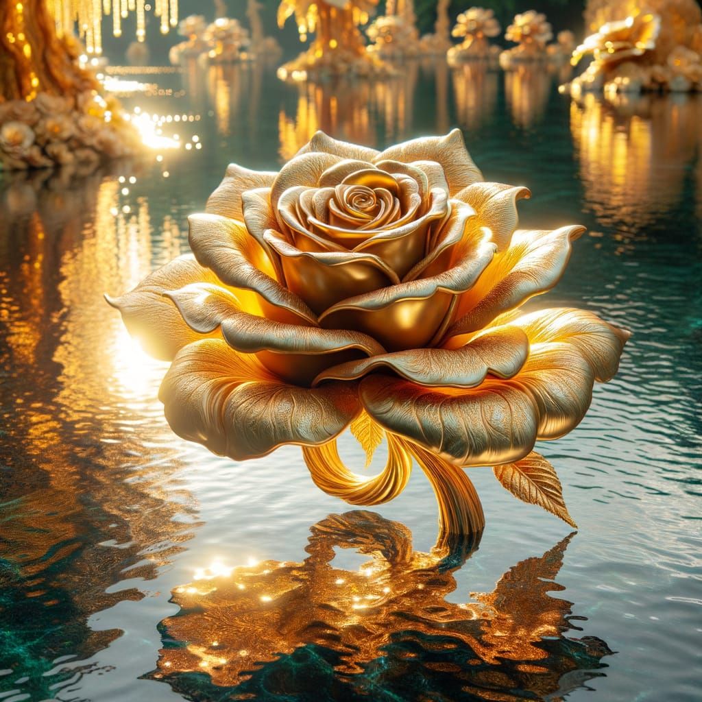 Golden Rose Adrift on Water in Sunlight