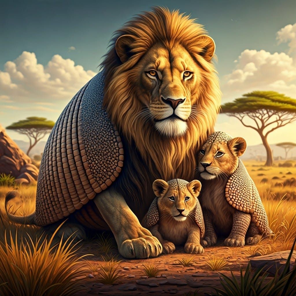 Regal Lion Family Safeguards Its Cubs in Vibrant African Sav...