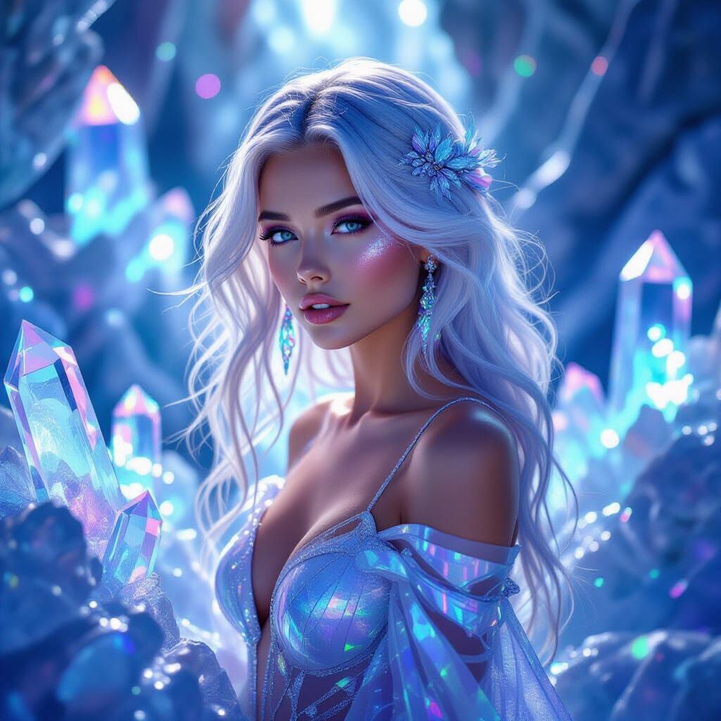 Ethereal Woman in Crystal Field: A Futuristic Vision