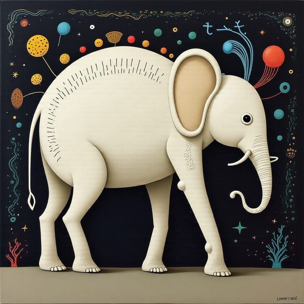 Luminous Albino Elephant in Muted Oil Painting with Pop-Surr...