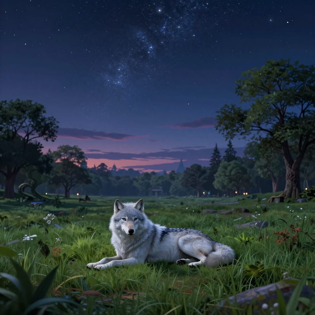 Silver Wolf Under Starry Night Sky in Park