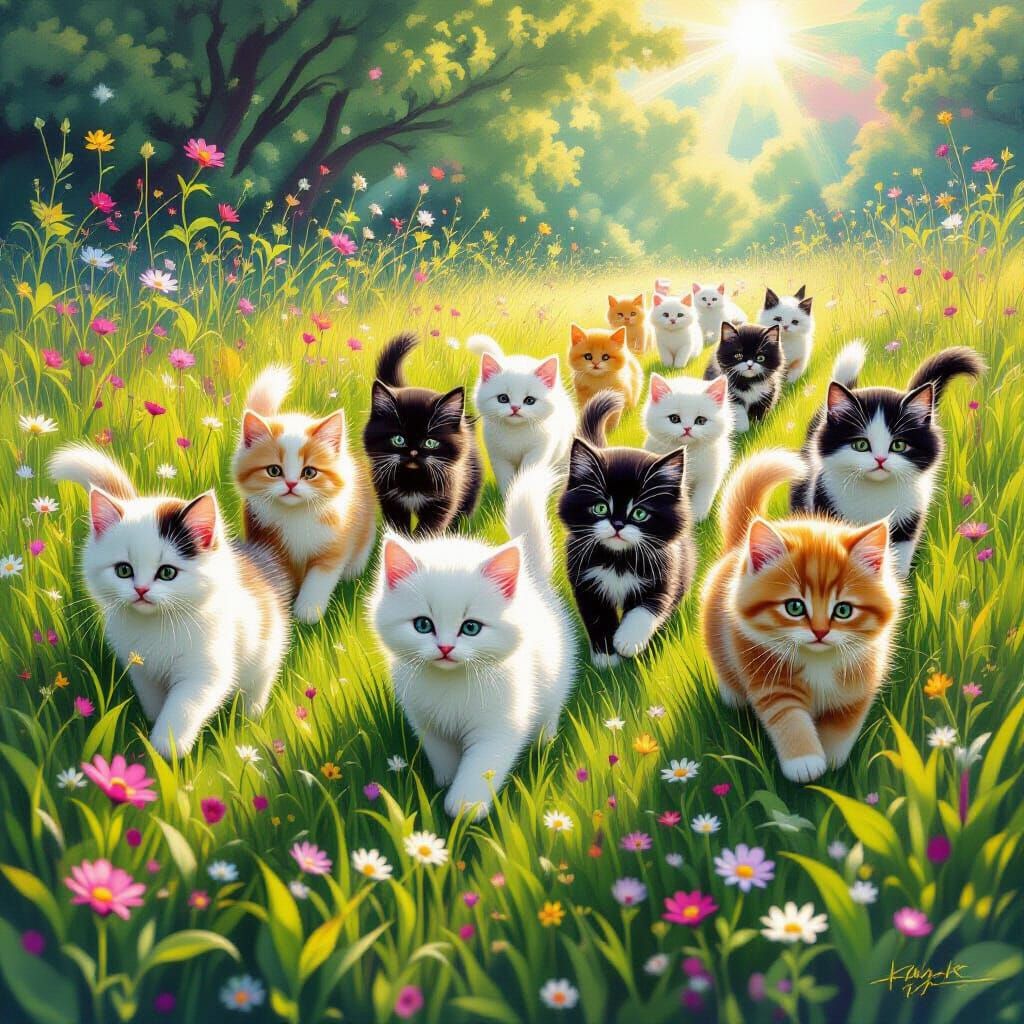 Fluffy Kittens on Vibrant Green Grass in Ethereal Cosmic Sty...