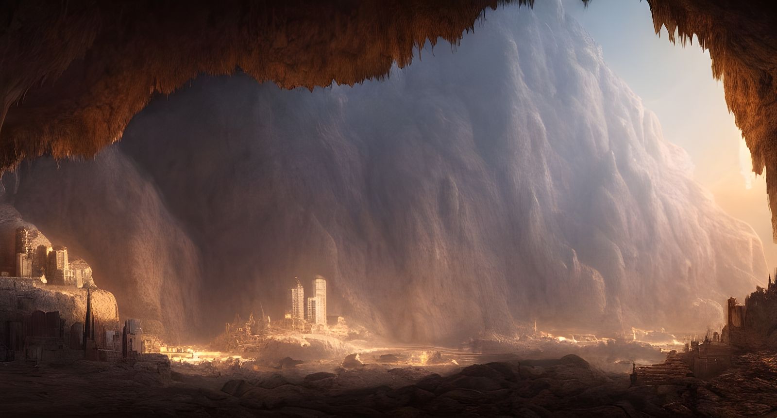 Cave City Built Around Gold Seam: Matte Painting