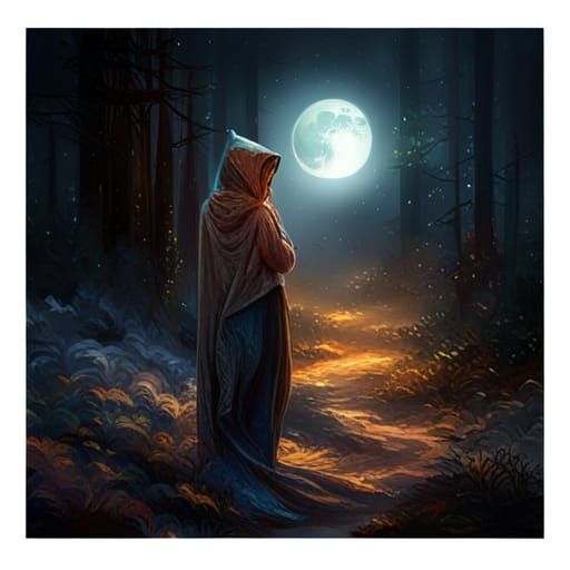 Hooded Figure in Dark Forest Under Moonlight