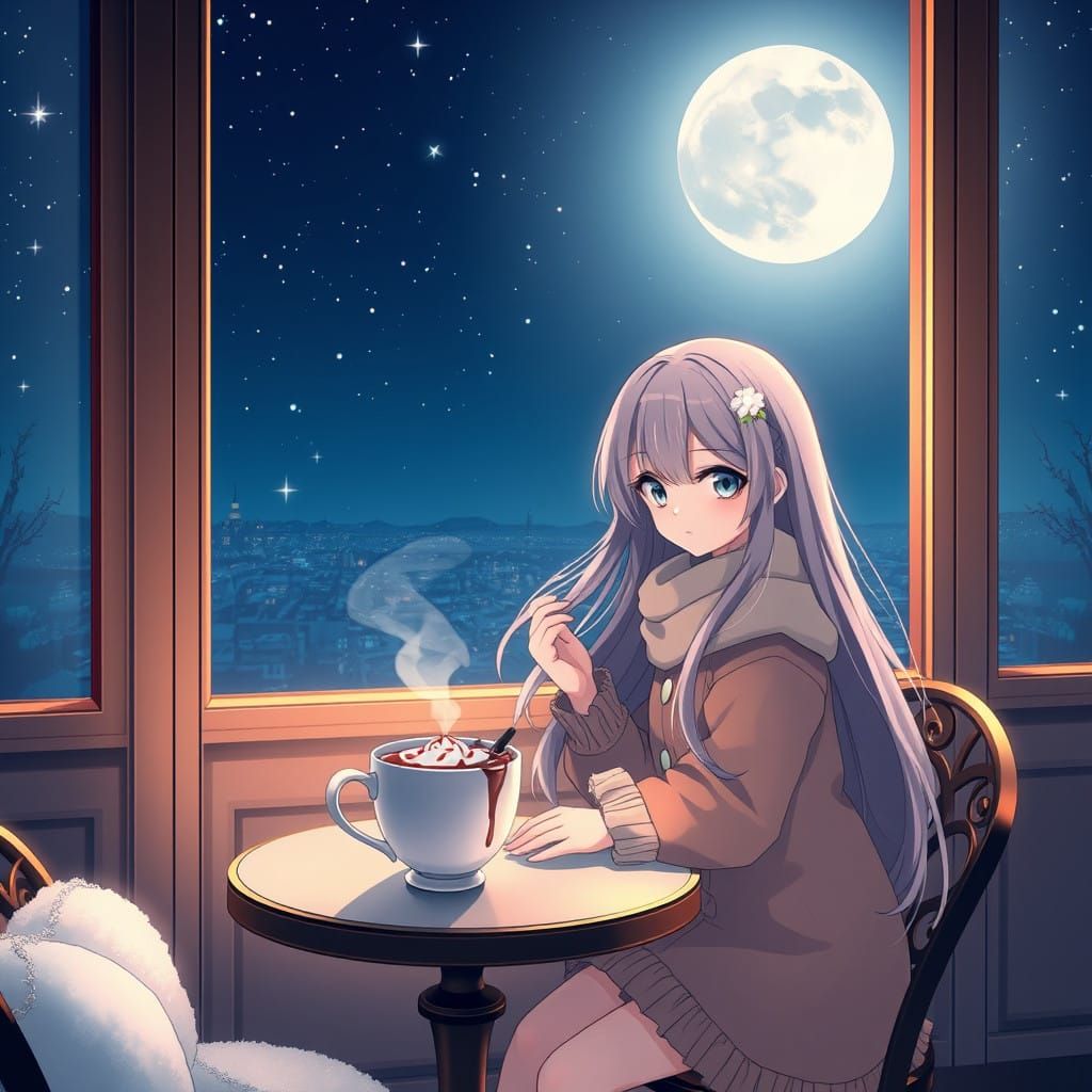 Surreal Winter Cafe Scene in Whimsical Anime Style