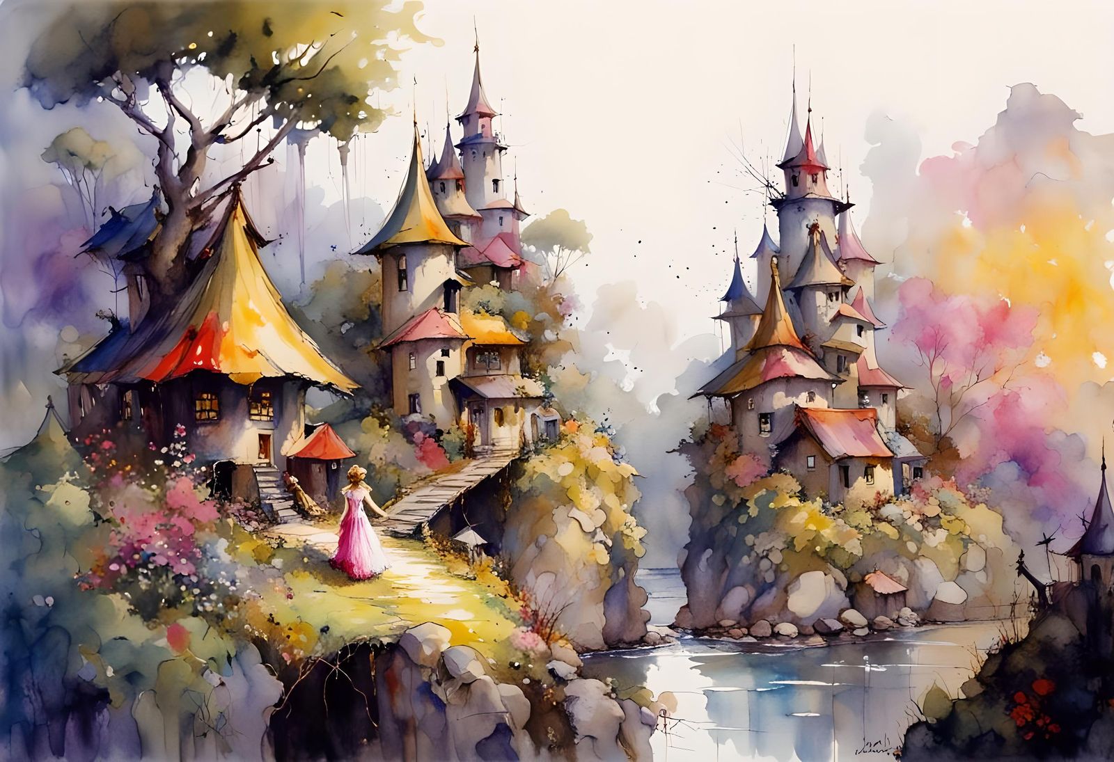 Whimsical  fantasy fairy village, by Pino Daeni, Hyperrealis...