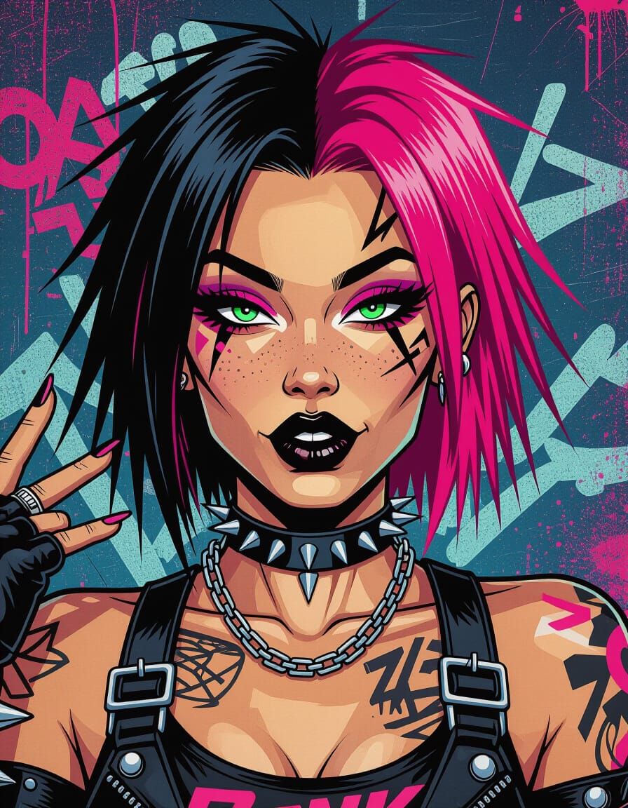 Punk Girl Portrait in Cyberpunk Pin-Up Style