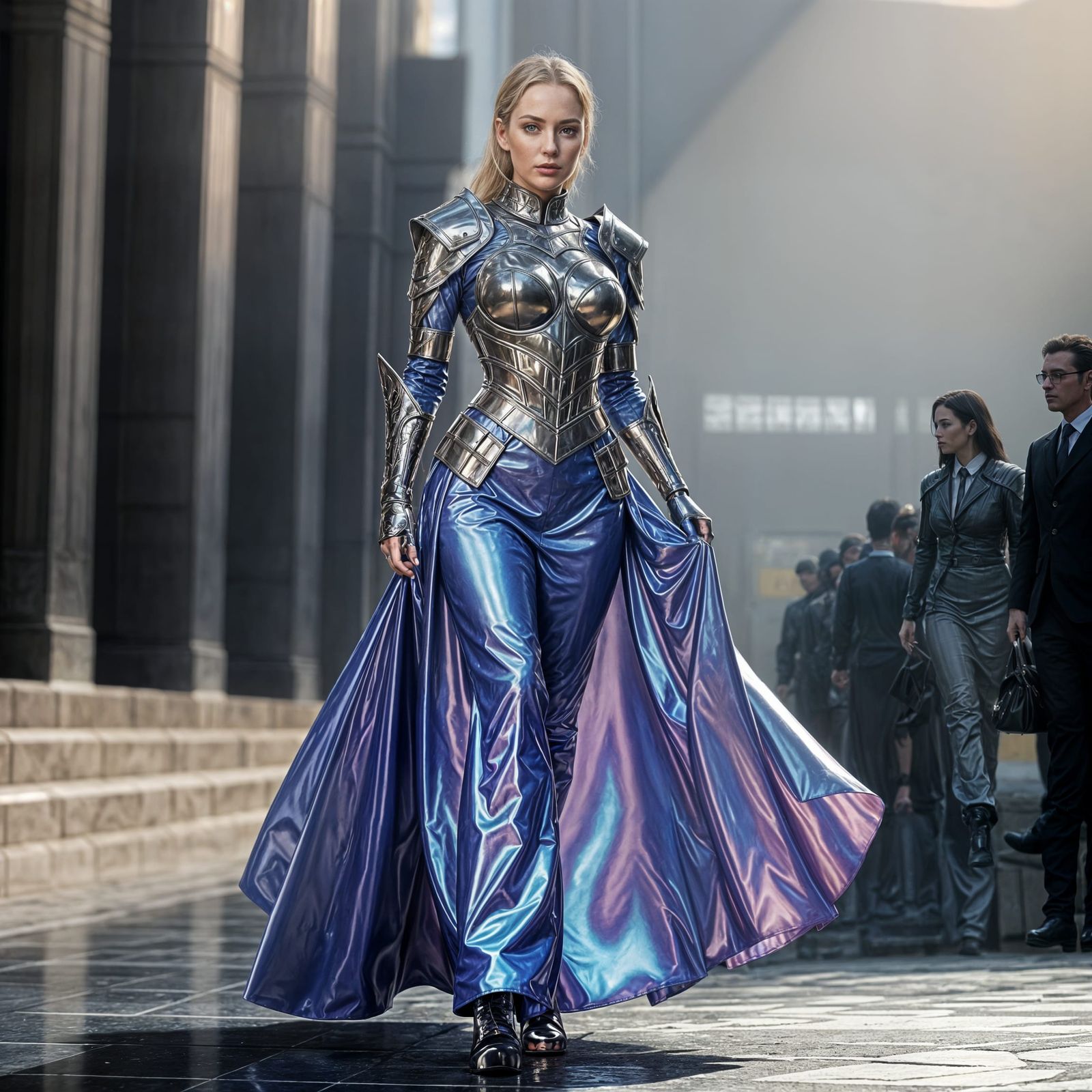 Elegant Warrior in Vibrant Latex Armor