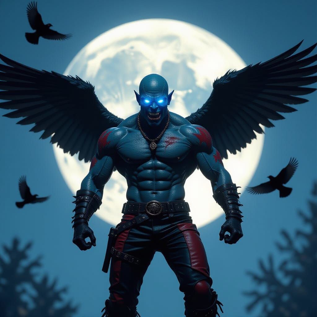 Muscular Demon Zombie Flying Before Glowing Moon