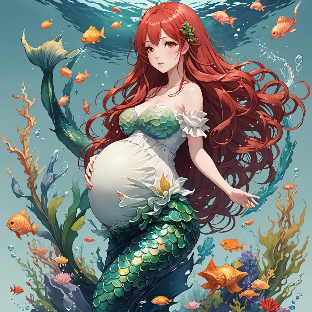 Anime Style Pregnant Red-Haired Mermaid