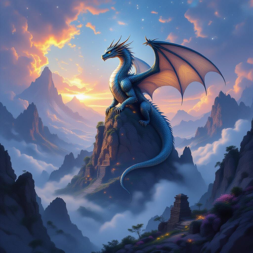 Majestic Dragon on Misty Mountain Peak in Epic Fantasy Style