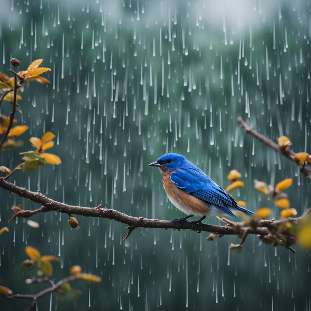 Blue Bird in Rain: Cinematic Professional Photography