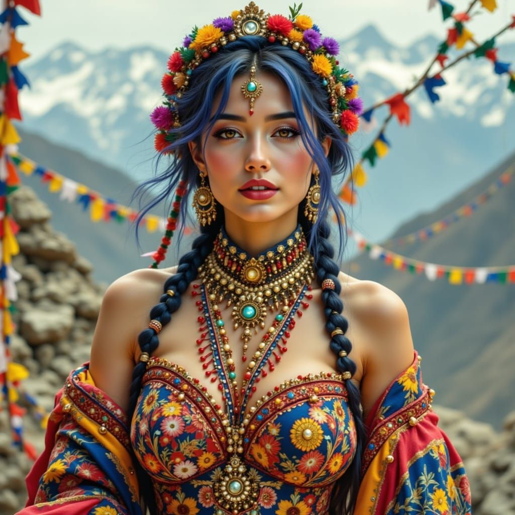 Tibetan Noblewoman in Traditional Attire, Inspired by Thangk...