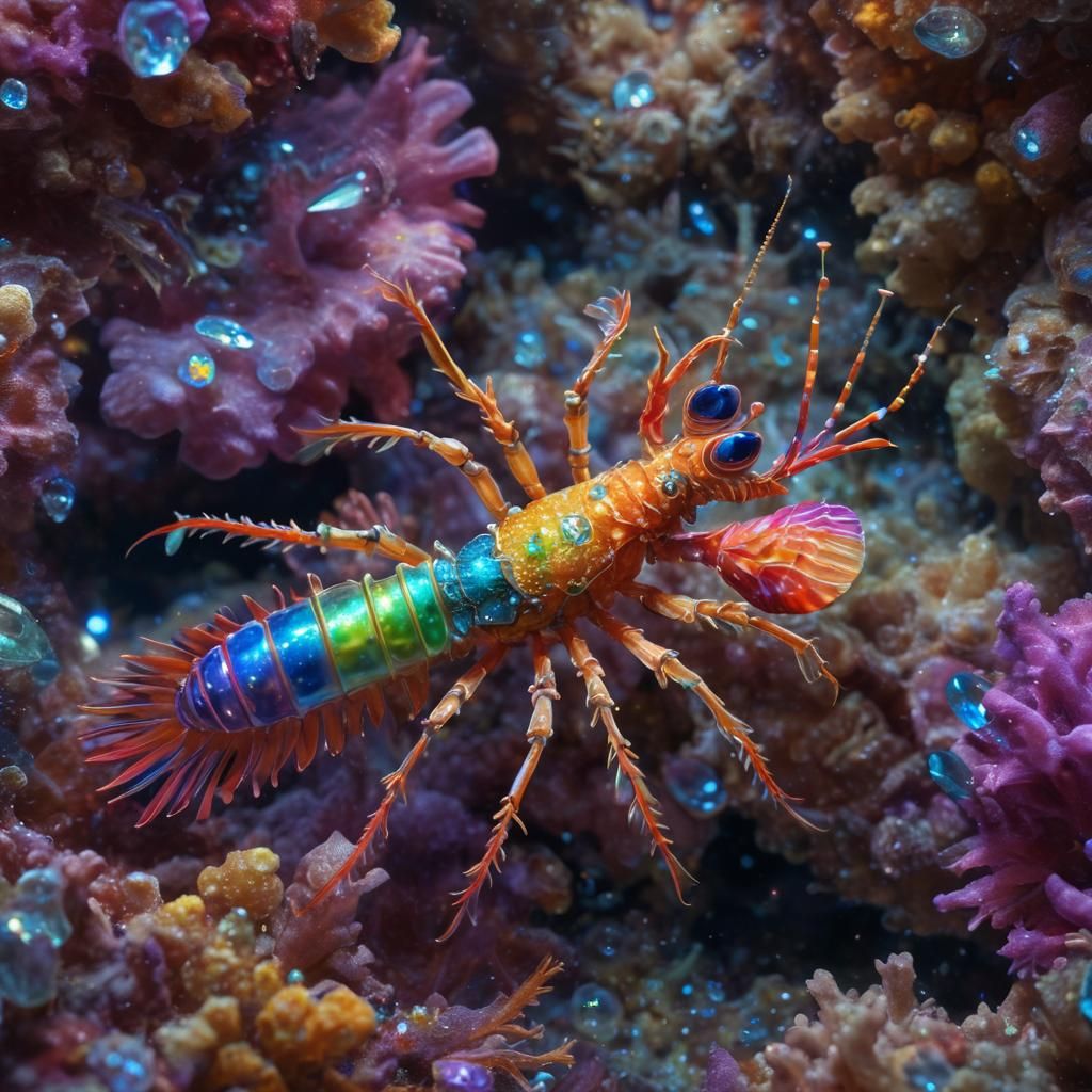 Iridescent Mantis Shrimp in Crystalline Coral Reef