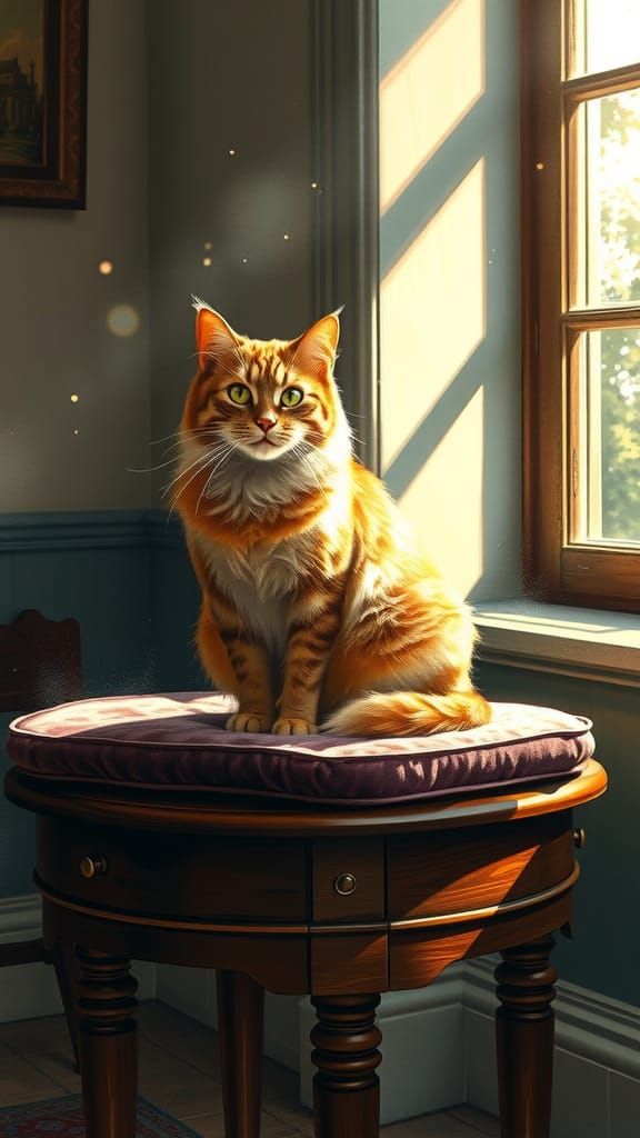 Regal Ginger Cat in Dappled Sunlight, Painterly Style