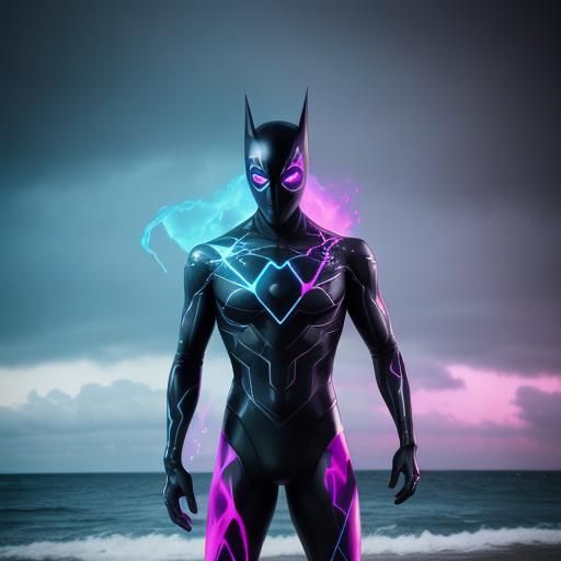 Cybergoth Man with Glowing Eyes by the Ocean