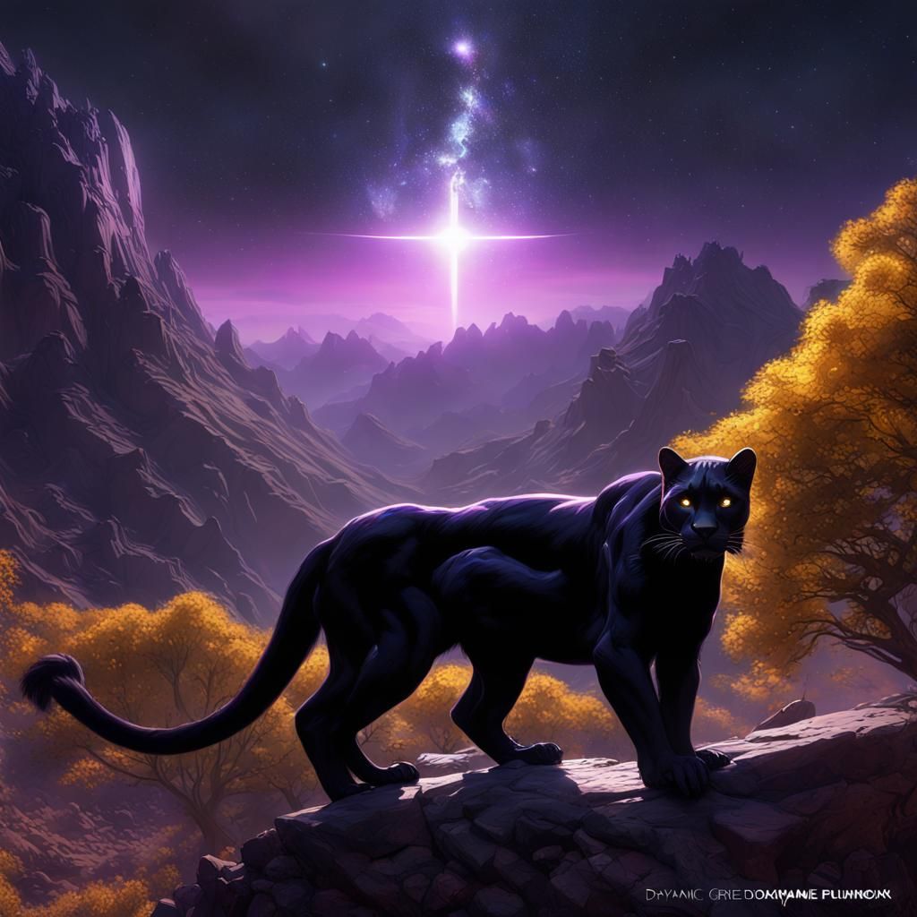 Black Panther Under Starry Mountain Sky