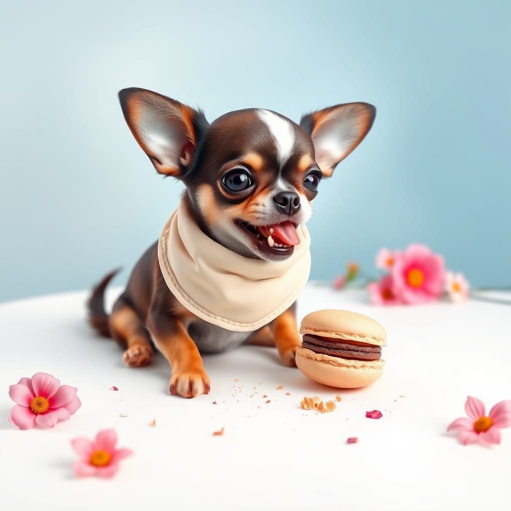 Charming Chihuahua Savoring Macaron in Hyperrealistic Airbru...