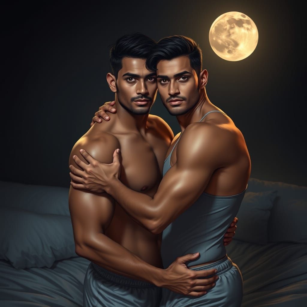 Muscular Indian Men Embrace in Moonlight