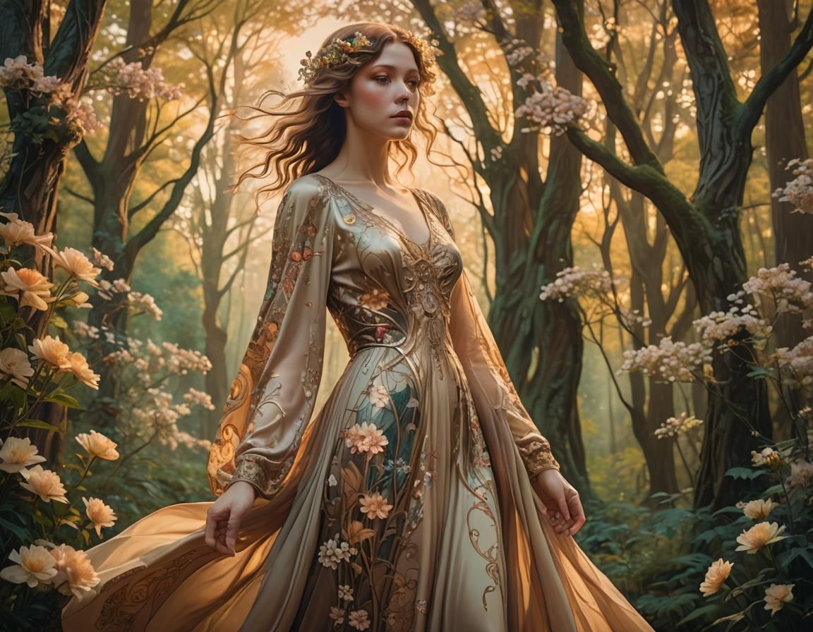 Mystical Woman in Glowing Forest: Art Nouveau Style