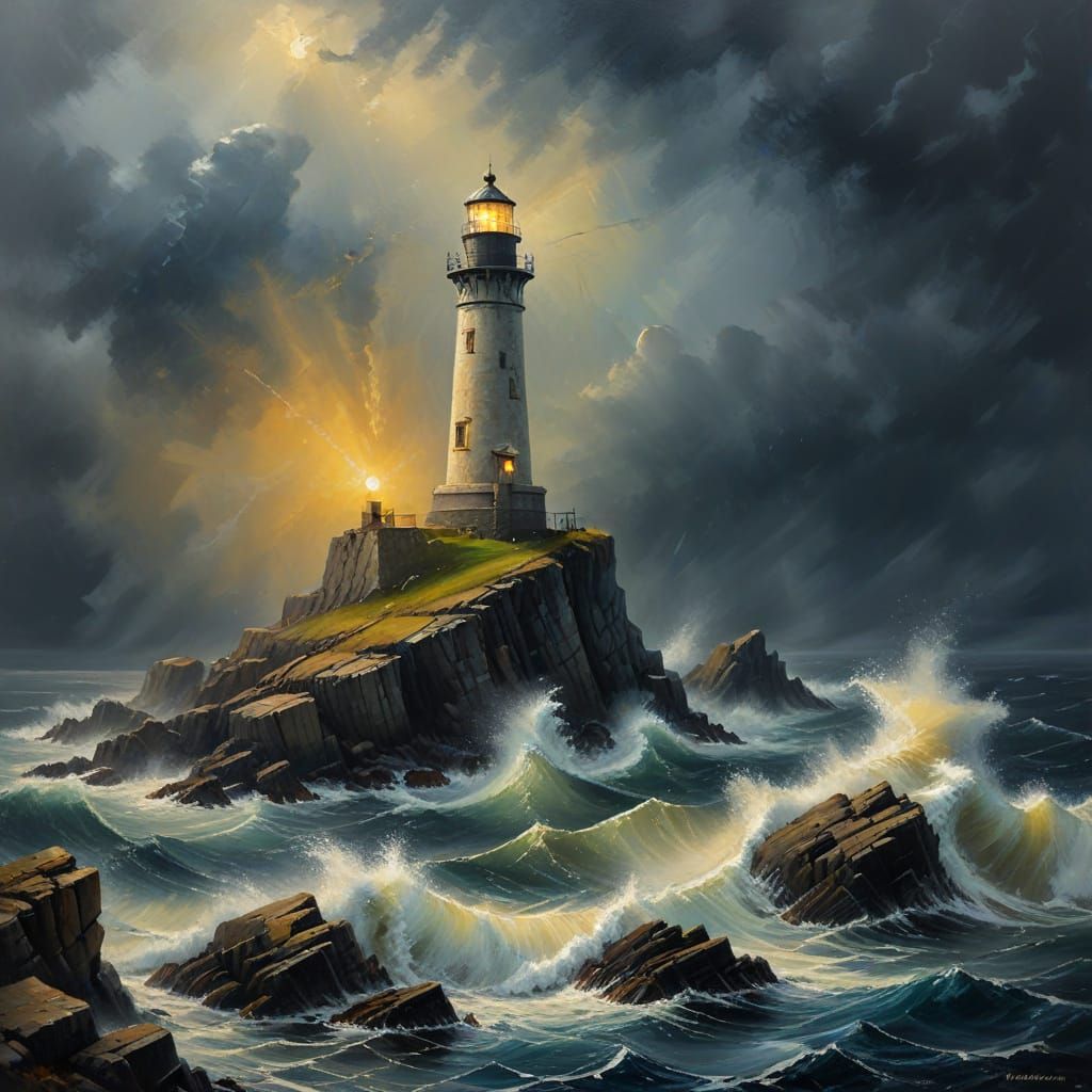 Oil Painting of Lighthouse in Stormy Seas