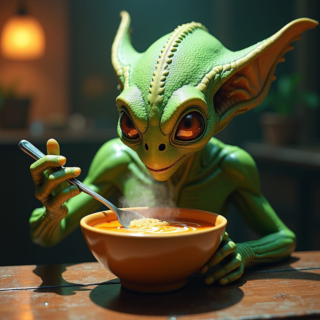 Alien Slurping Soup in Futuristic Diner