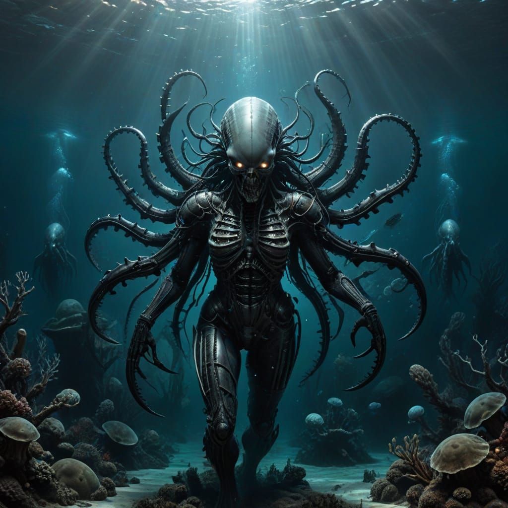 Giger-Inspired Biomechanical Underwater Scene