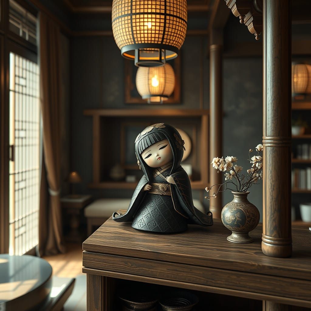 Gothic Kokeshi Doll in Opulent Oriental Living Room