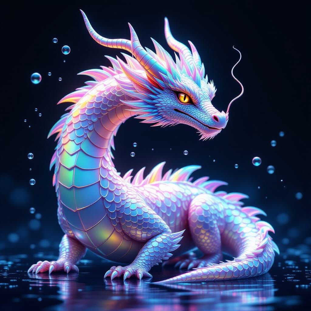 Rainbow Bubble Dragon in Hyperrealistic Style