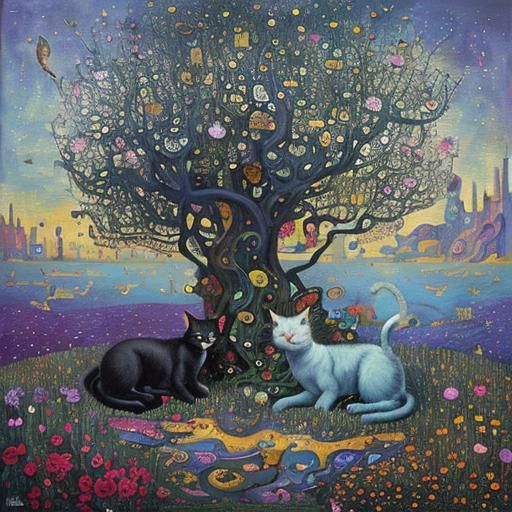 Anthropomorphic Cats Dream in Surrealist Oil Painting