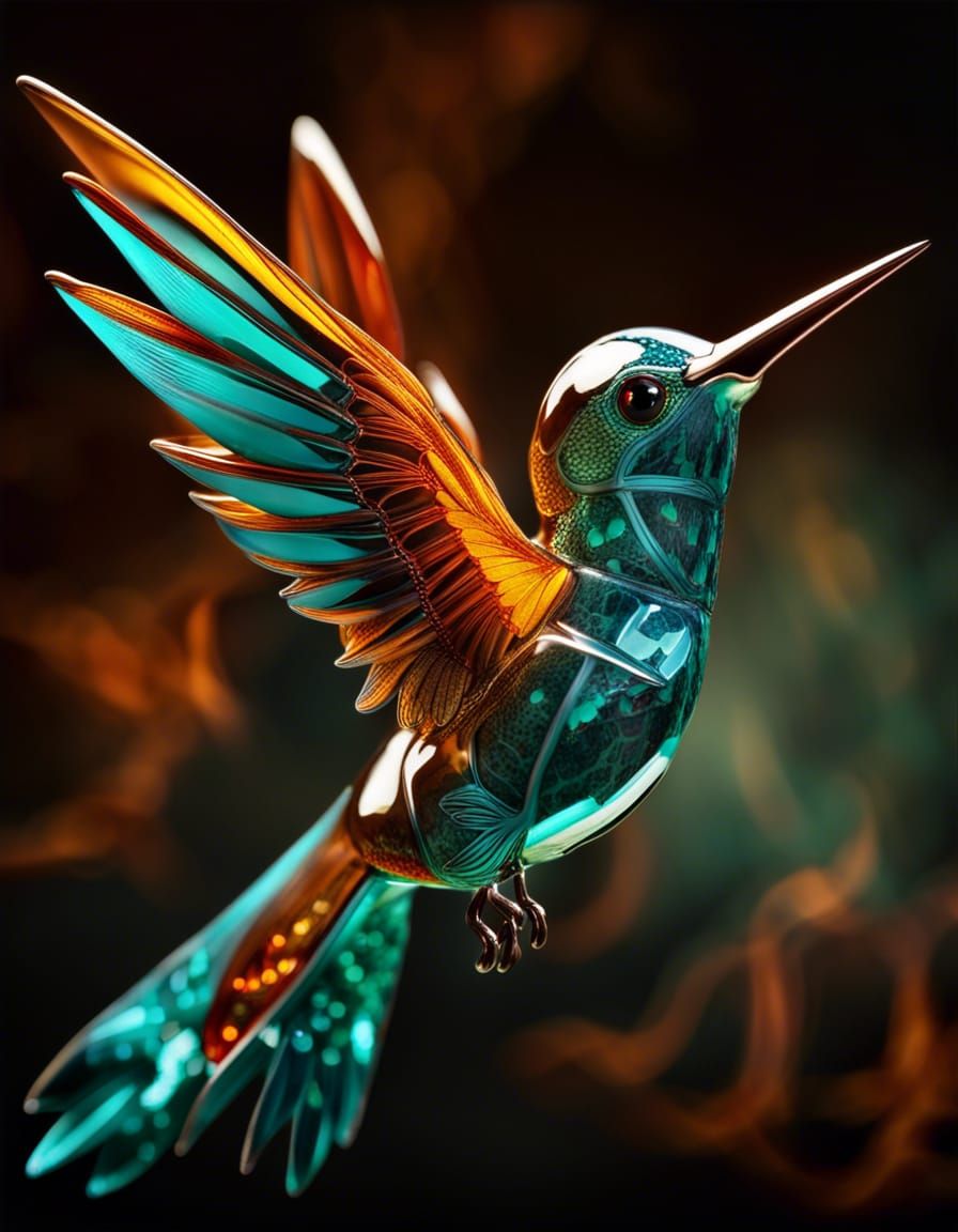 Fiery Crystal Hummingbird in Hyperrealistic Style