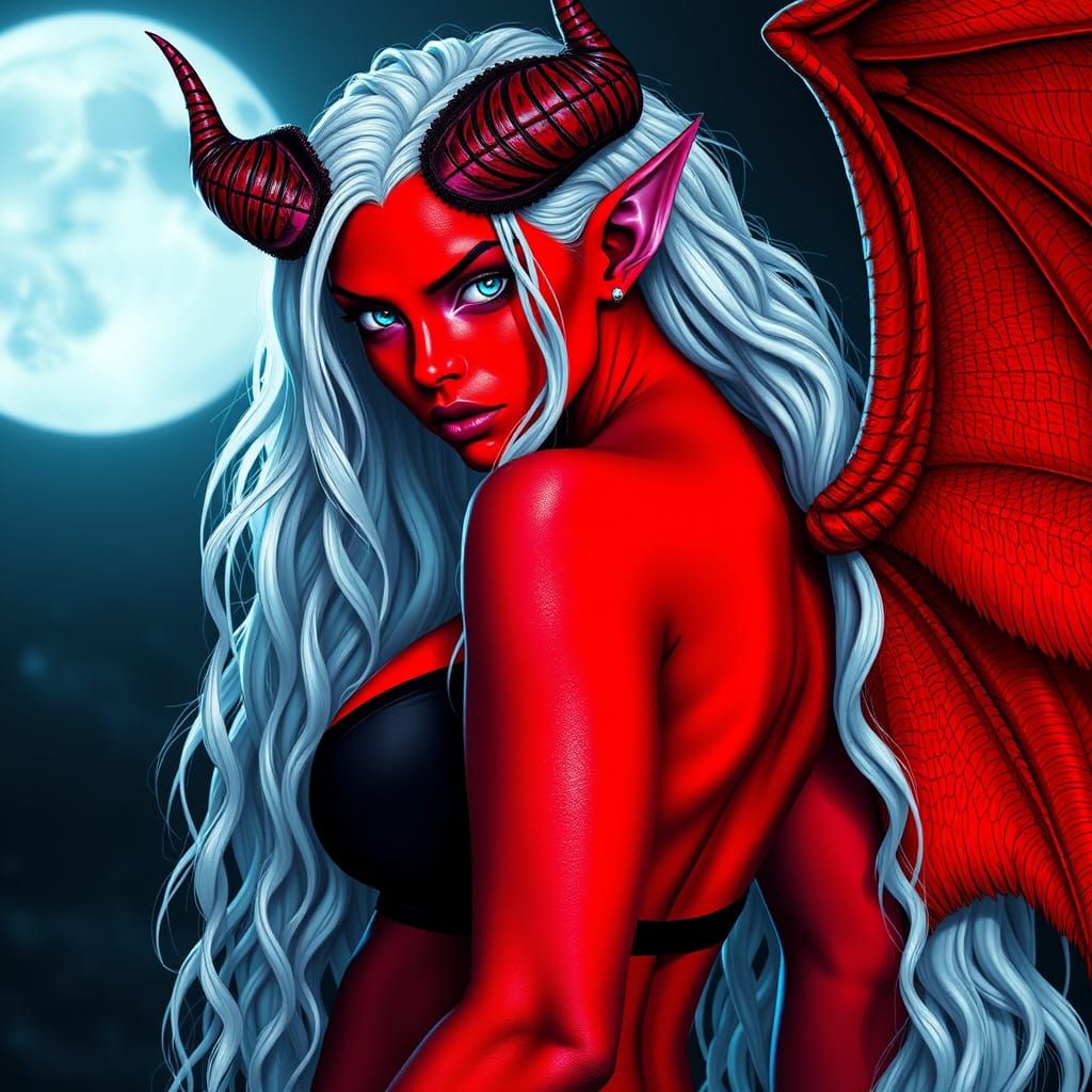 Dark Fantasy Demoness with Vibrant Red Skin and Wings
