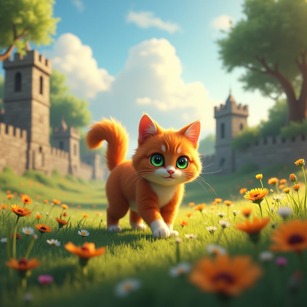 Ginger Cat in Wildflower Meadow: Fantasy Concept Art