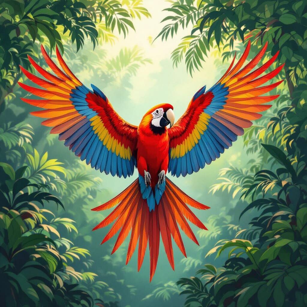 Scarlet Macaw Spreads Wings in Detailed Painterly Style