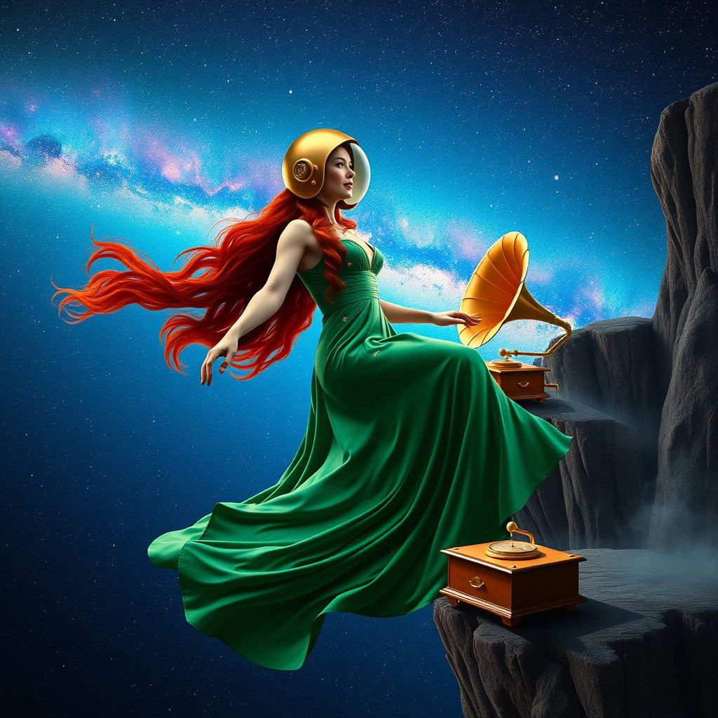 Celestial Woman in Space with Gramophone, Surreal Art