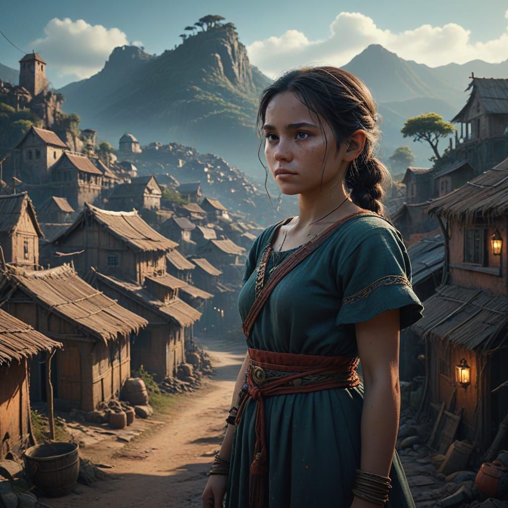 Fantasy Village Scene: Girl Gazes at Distant City