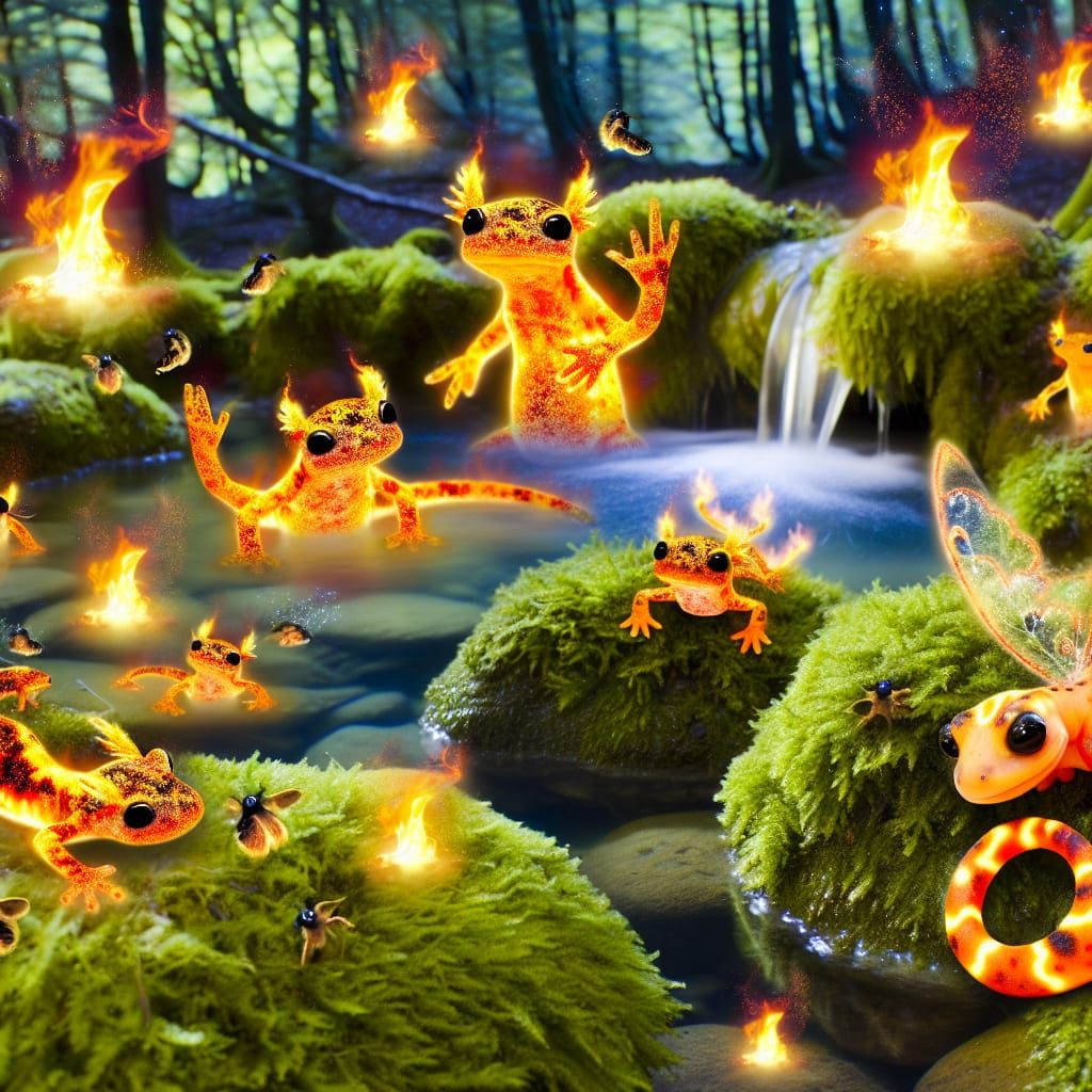 Mystical Fire Salamanders and Sprites in Fairy Forest
