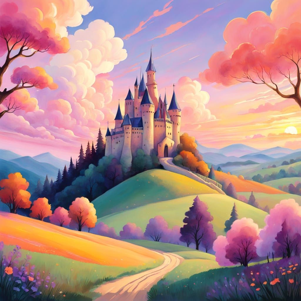 Whimsical Fantasy Landscape in Dreamy Watercolor Style