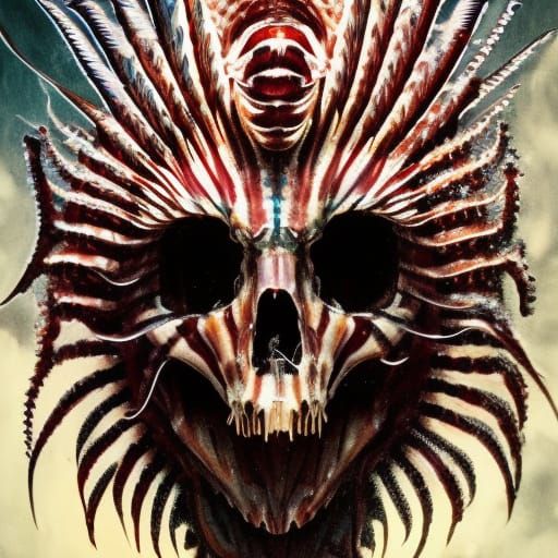 Eldritch Lionfish with Skull Face in Dark Fantasy Style