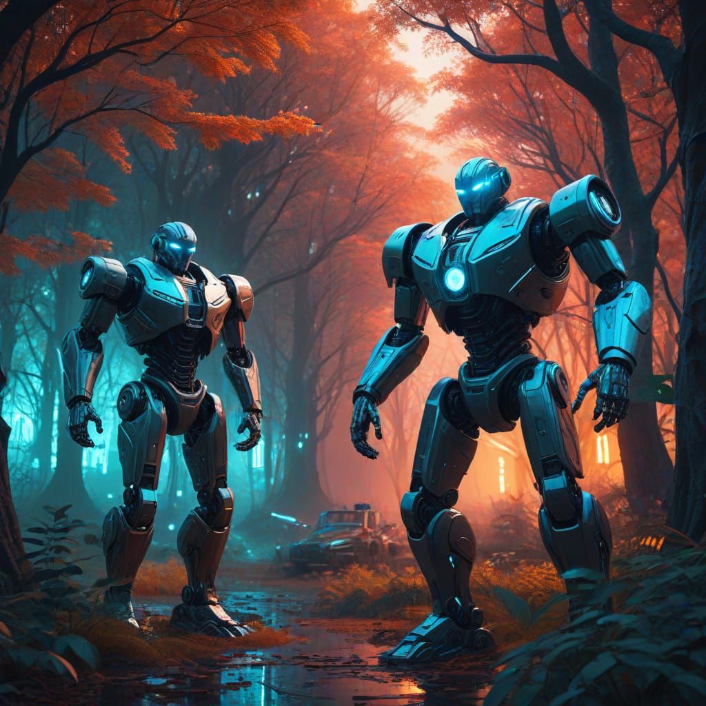 Robots Among Neon Trees in Futuristic Digital Art