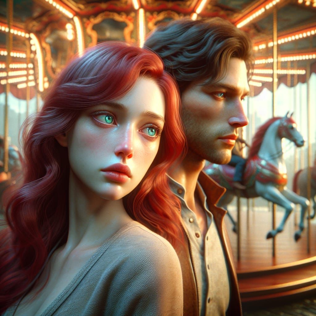 Sorrowful Woman and Red-Haired Man at Carousel