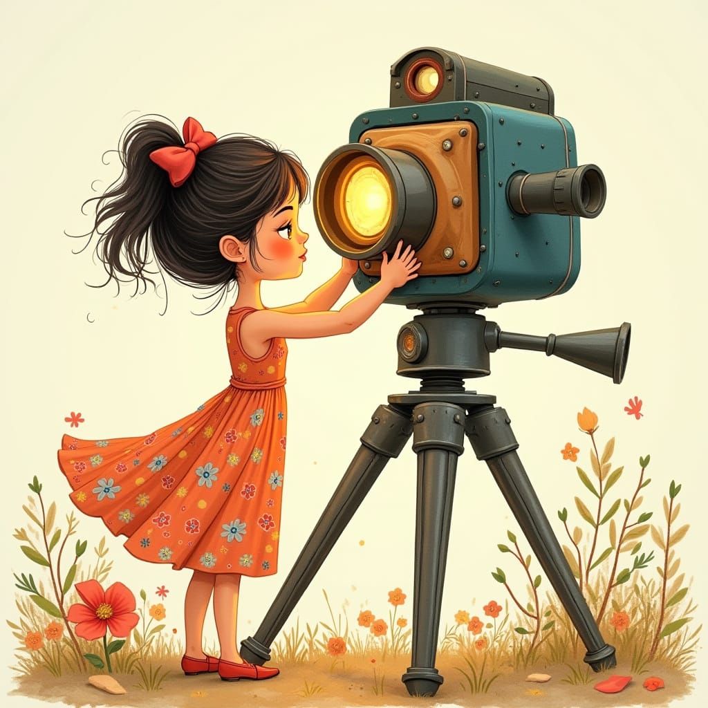 Stylized Cartoon Woman with Vintage Camera in Whimsical Styl...