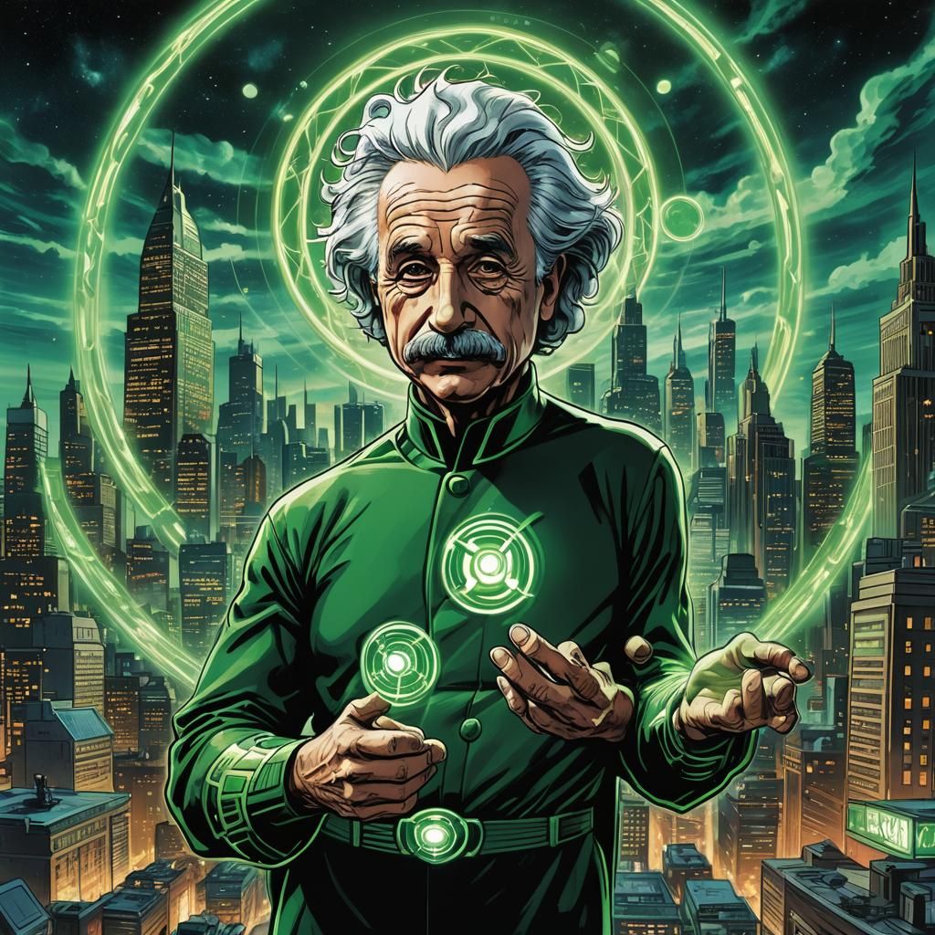 Einstein as Green Lantern in Comic Book Art
