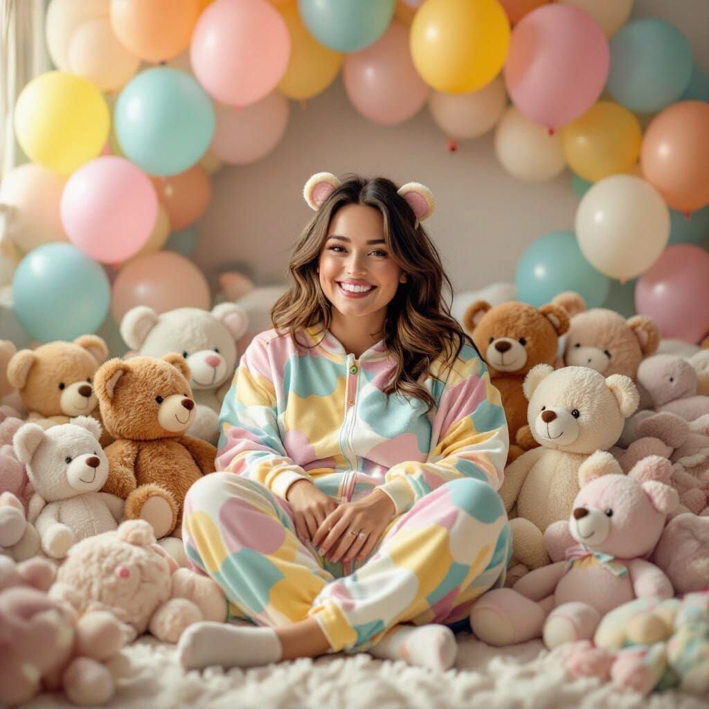Happy Woman in Onesie with Toys and Balloons