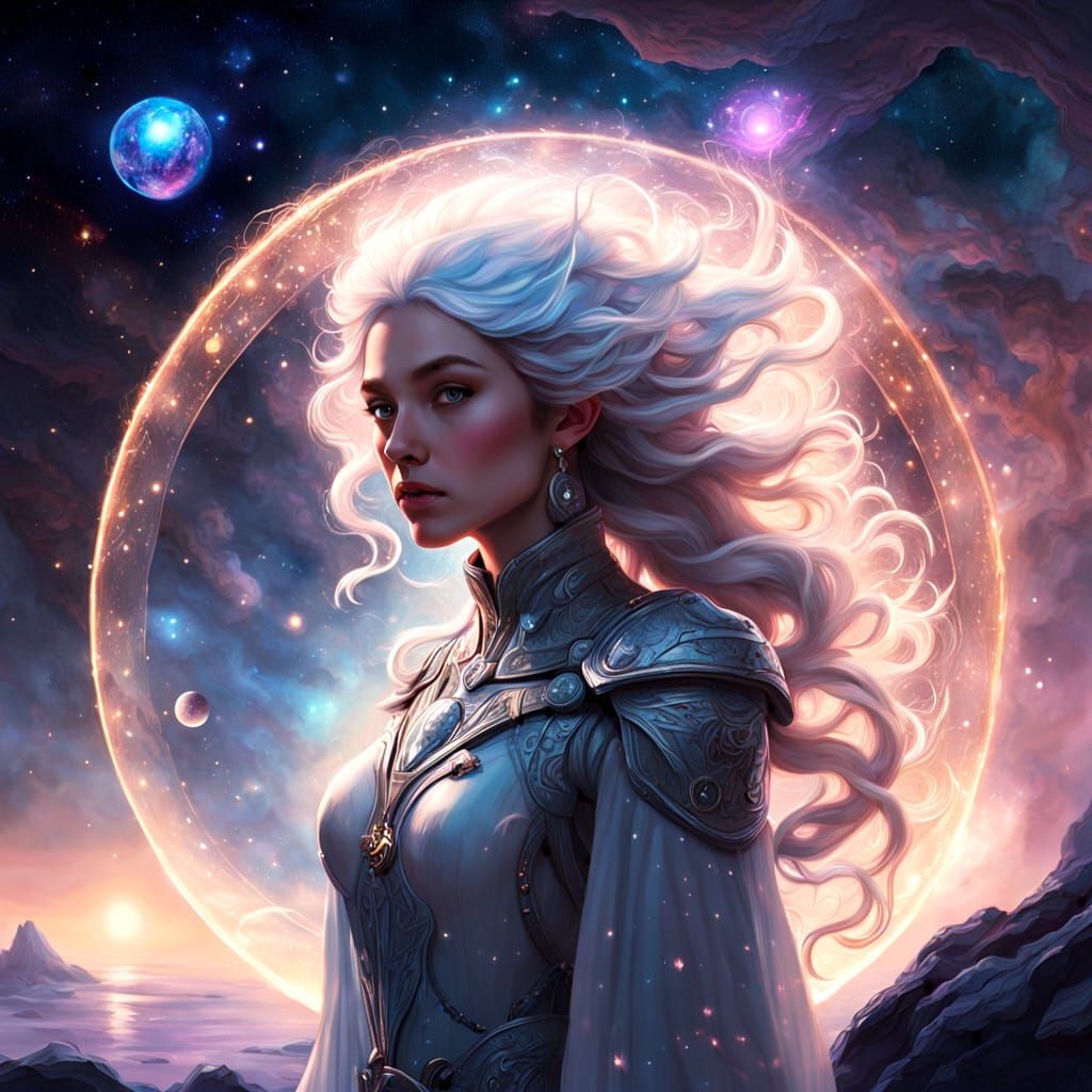Majestic Woman with Galaxy Orb on Floating Island
