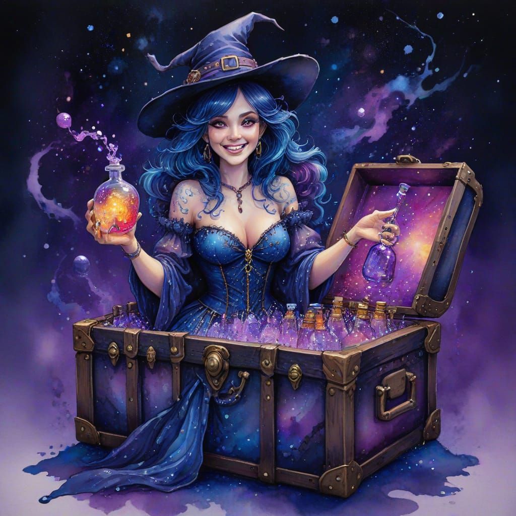 Enchanting Witch Emerges from Mystical Trunk in Vibrant, Dre...