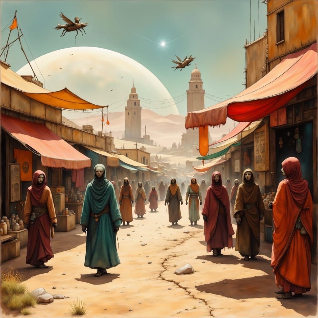 <lora:Liquid Ink Flux:1.0> Bustling, sun‑blasted bazaar on a desert world  of "Tatooine" straight out of Star Wars. The ...