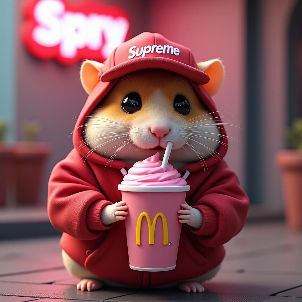 Hamster in Supreme Hoodie with Pink Milkshake, Concept Art